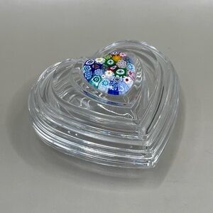 Clear White Glass Heart Trinket Box W/ Murano Style Blue Millefiori Accent & Lid
